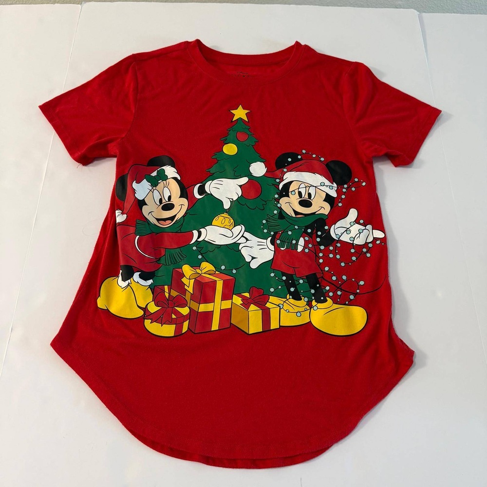 Disney Mickey Mouse Christmas T-Shirt Red Minnie Holiday Graphic Top M 7-9